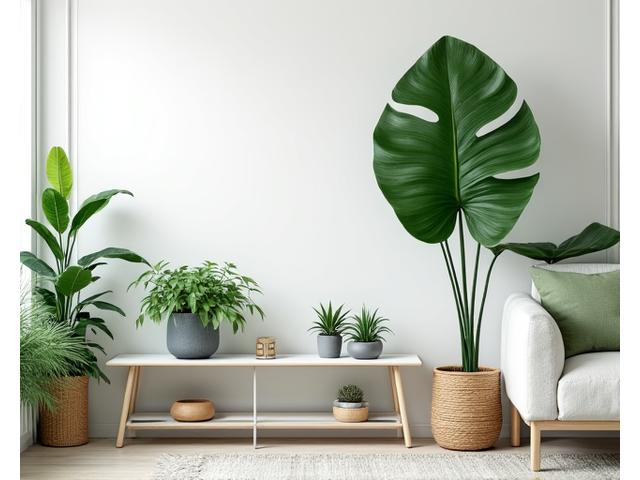Artfully arranged indoor plants including a large fiddle leaf fig and various potted succulents, enhancing a minimalist room