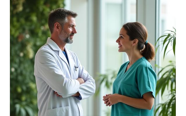 Two healthcare professionals in discussion, wearing sterile yet friendly attire, in a modern, calm clinic setting, symbolizing collaboration.
