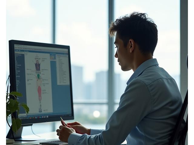 Certified ergonomics specialist conducting a detailed assessment of a professional's desk setup, measuring monitor height, keyboard position, and chair settings with precision tools in a modern Miami office.