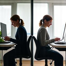 Before: an executive hunched over a laptop on a standard desk with visible discomfort. After: the same executive sitting upright and relaxed at an ergonomically optimized desk, smiling and productive.