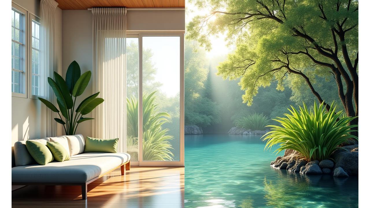 A bright, modern living room with natural wood, lush green plants, and a large window overlooking a healthy, vibrant natural landscape, representing a healthy home and environmental conservation.