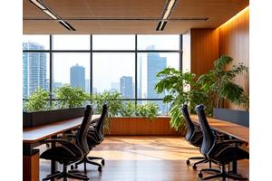 After image of a modern, ergonomic office space with sit-stand desks and natural light